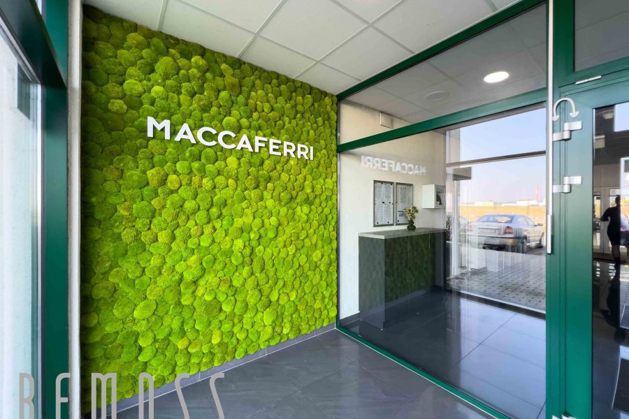 Machová stena firma bemoss , mach , zelené steny , interiér , logo
